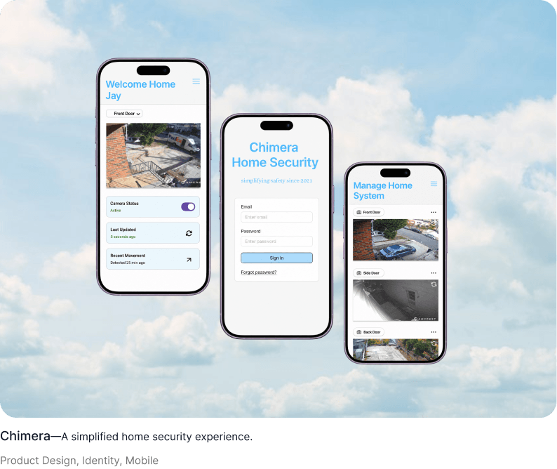 Three Chimera home security mobile screens against a cloudy blue sky