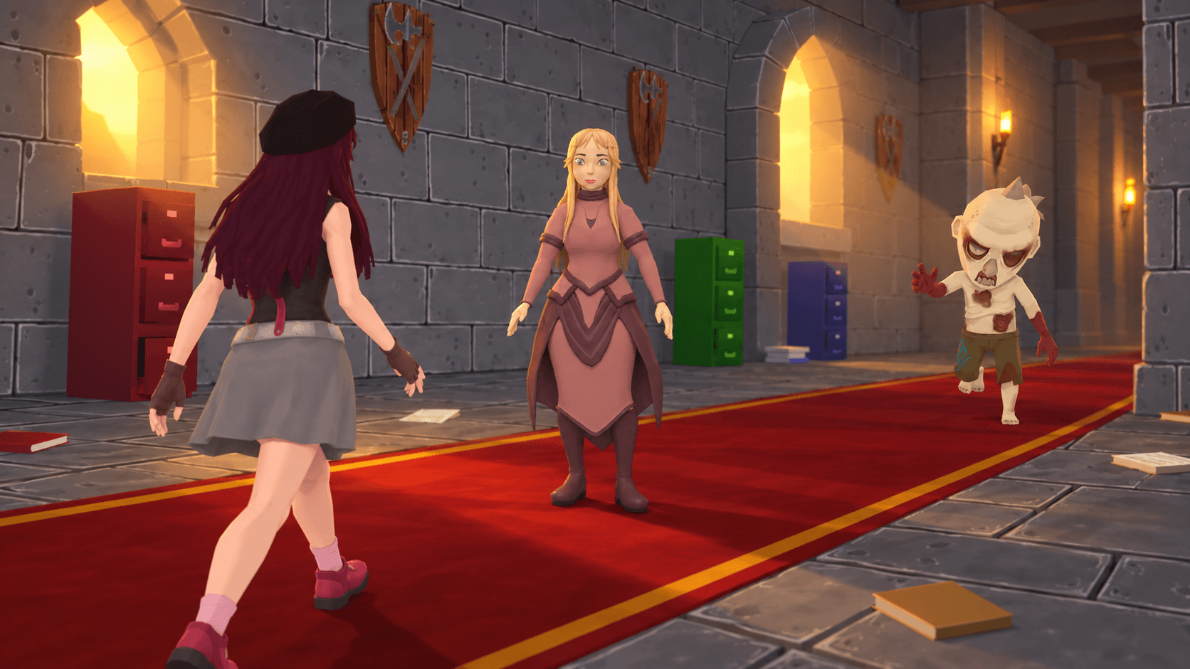 The player approaches a princess while a zombie follows through a stone castle corridor