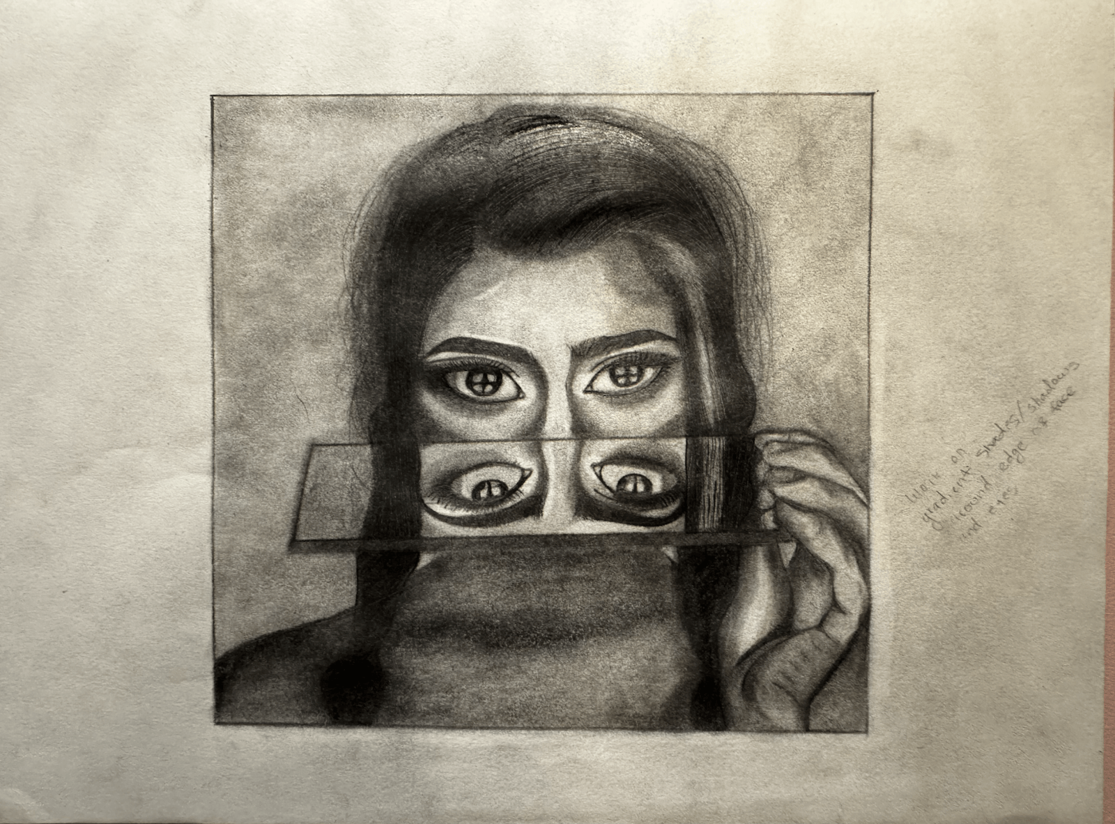 Graphite portrait study reflected through a hand-held mirror