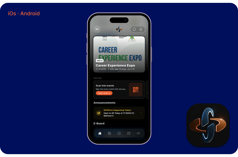 SHPE mobile app home screen for iOS and Android with SHPE identity graphics