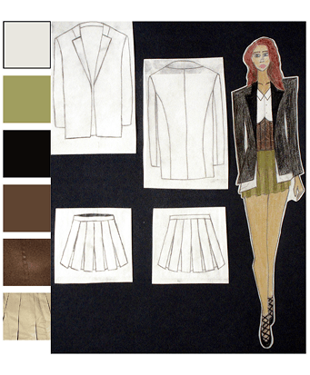 Fashion illustration and technical sketches for a tailored outfit