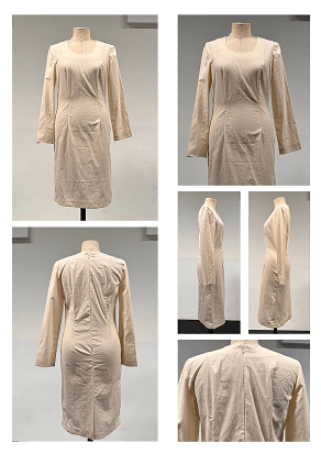 Constructed cream dress shown from multiple angles