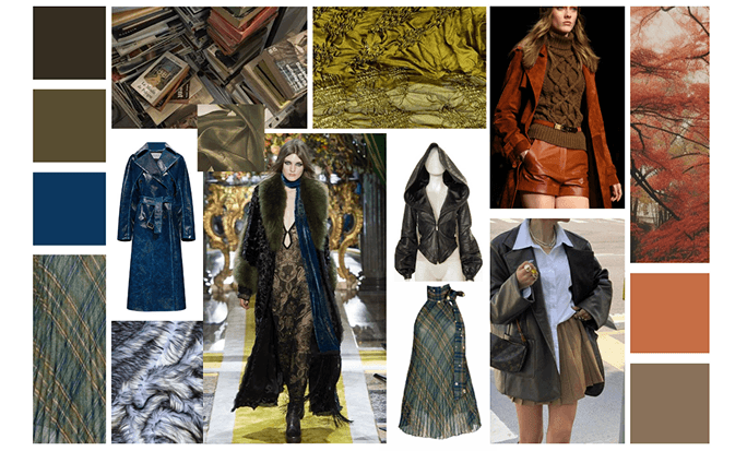 Fall collection moodboard with earth tones, textures, and silhouettes