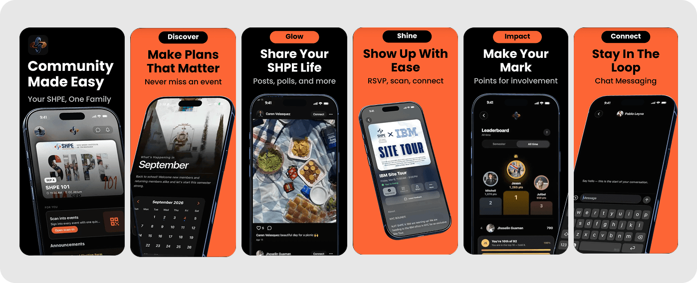 Six SHPE mobile app feature previews for community, events, social posts, check-in, rewards, and messaging