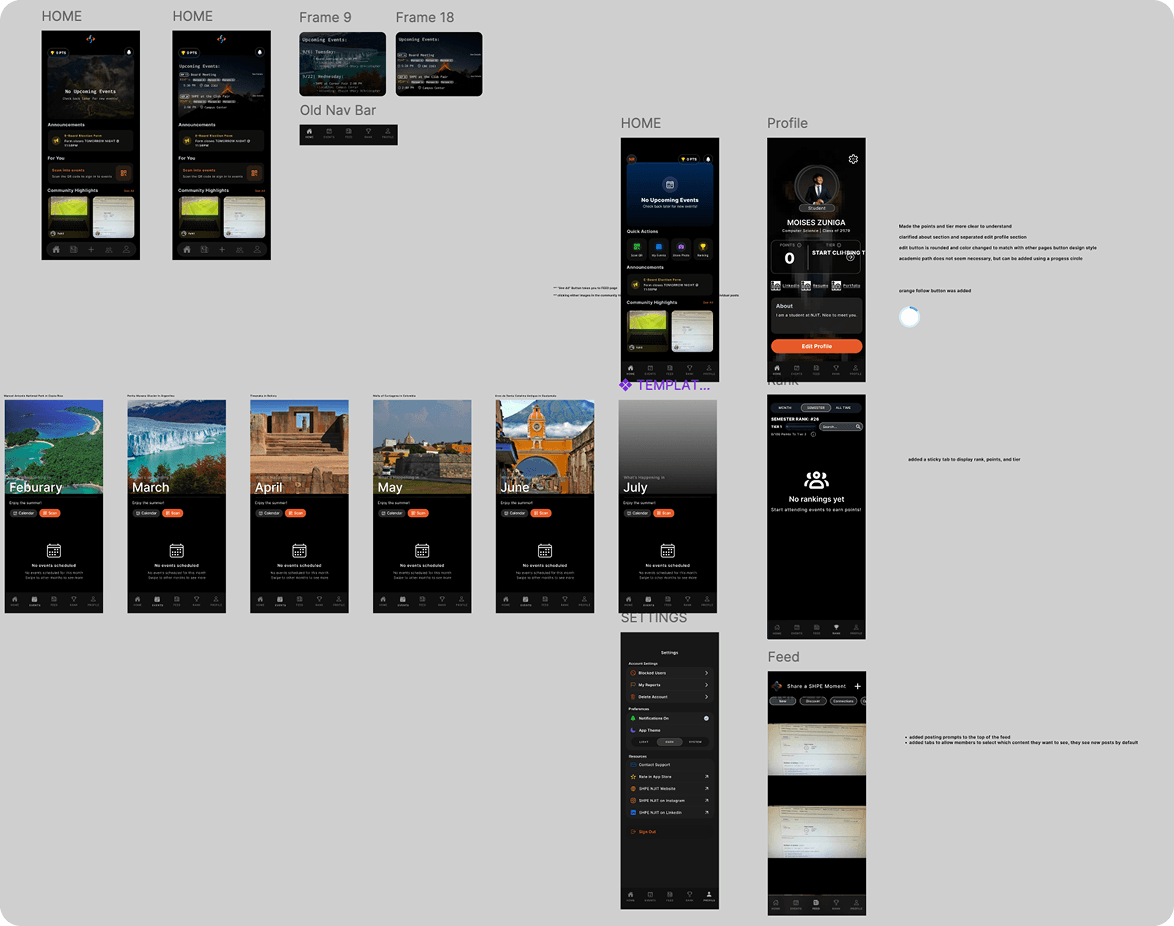 Figma workspace reconstructing the existing SHPE mobile product and documenting redesign notes