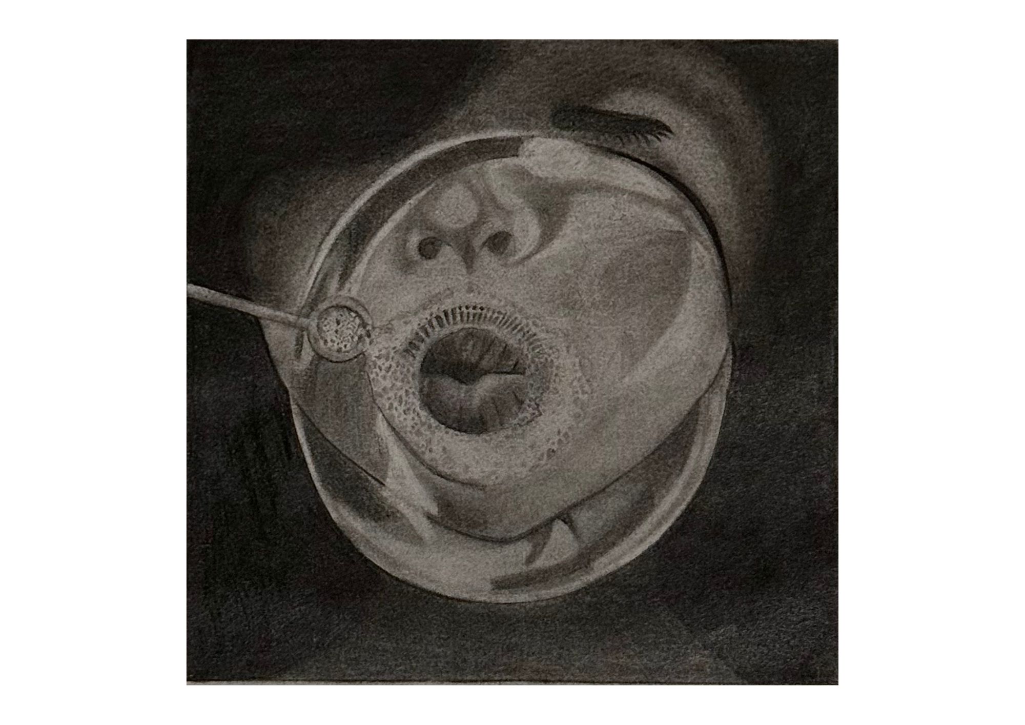 Graphite portrait of a child blowing a soap bubble