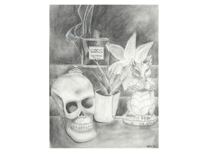 Graphite still life with a skull, flower, and perfume bottle