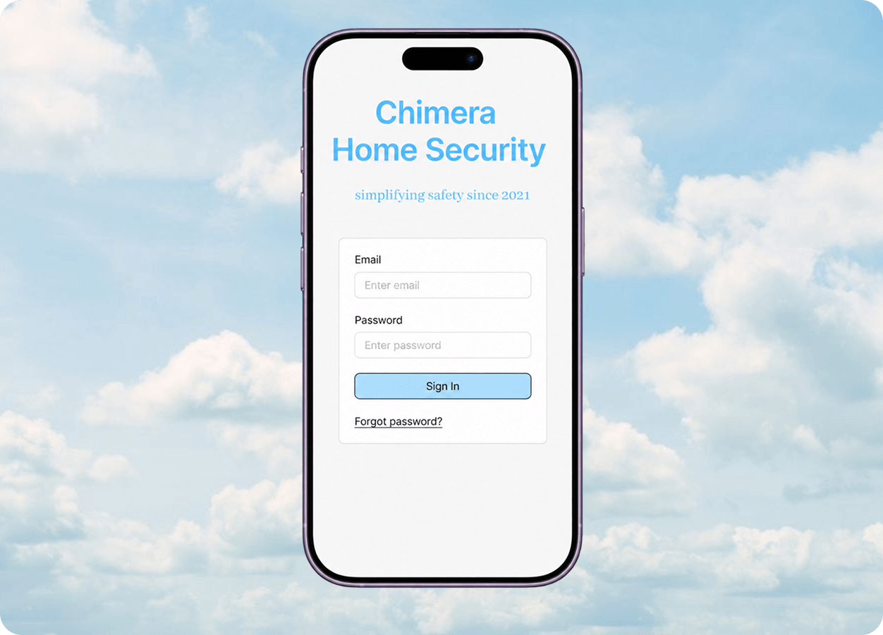 Chimera Home Security sign-in screen in a phone mockup against a blue sky with clouds