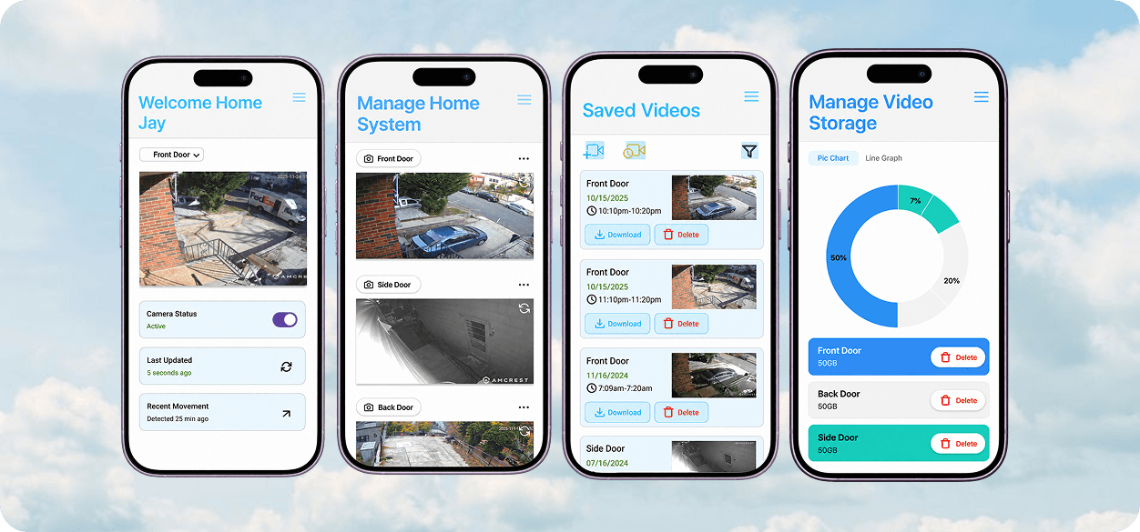 Four redesigned Chimera mobile screens: home camera status, camera management, saved videos, and video storage