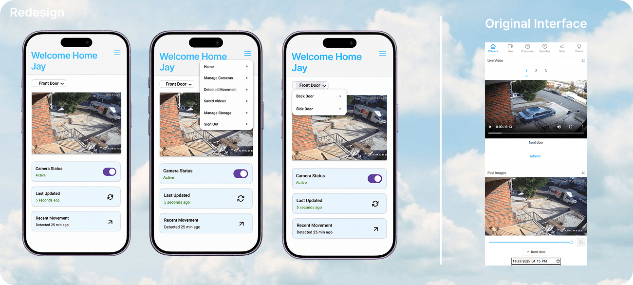 Redesigned home screen with camera status, last updated time, and recent movement.