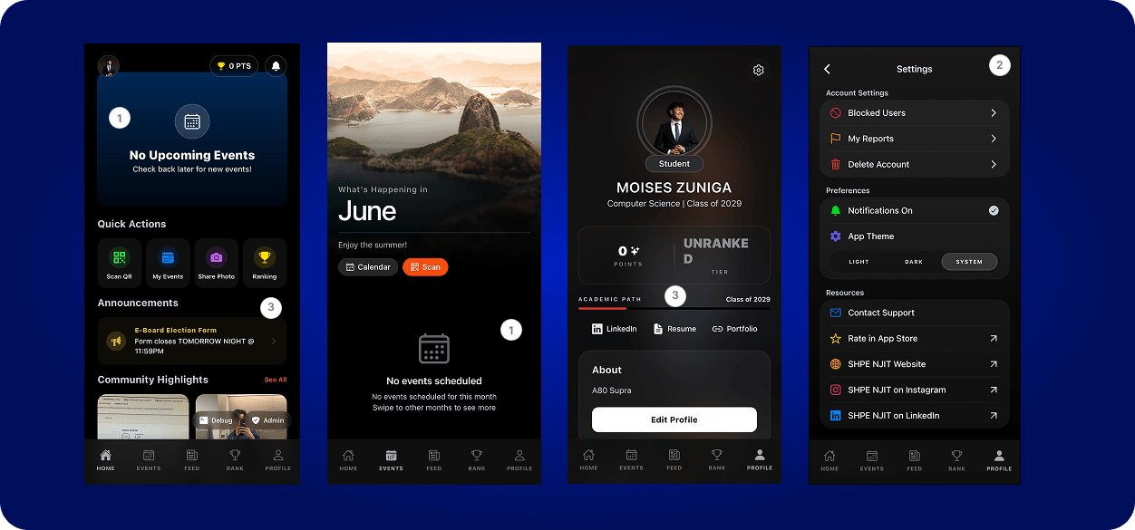 Original SHPE mobile interfaces for Home, Events, Profile, and Settings