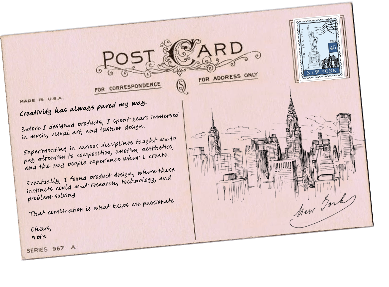 A pink New York postcard describing Neta's path from music, visual art, and fashion design to product design