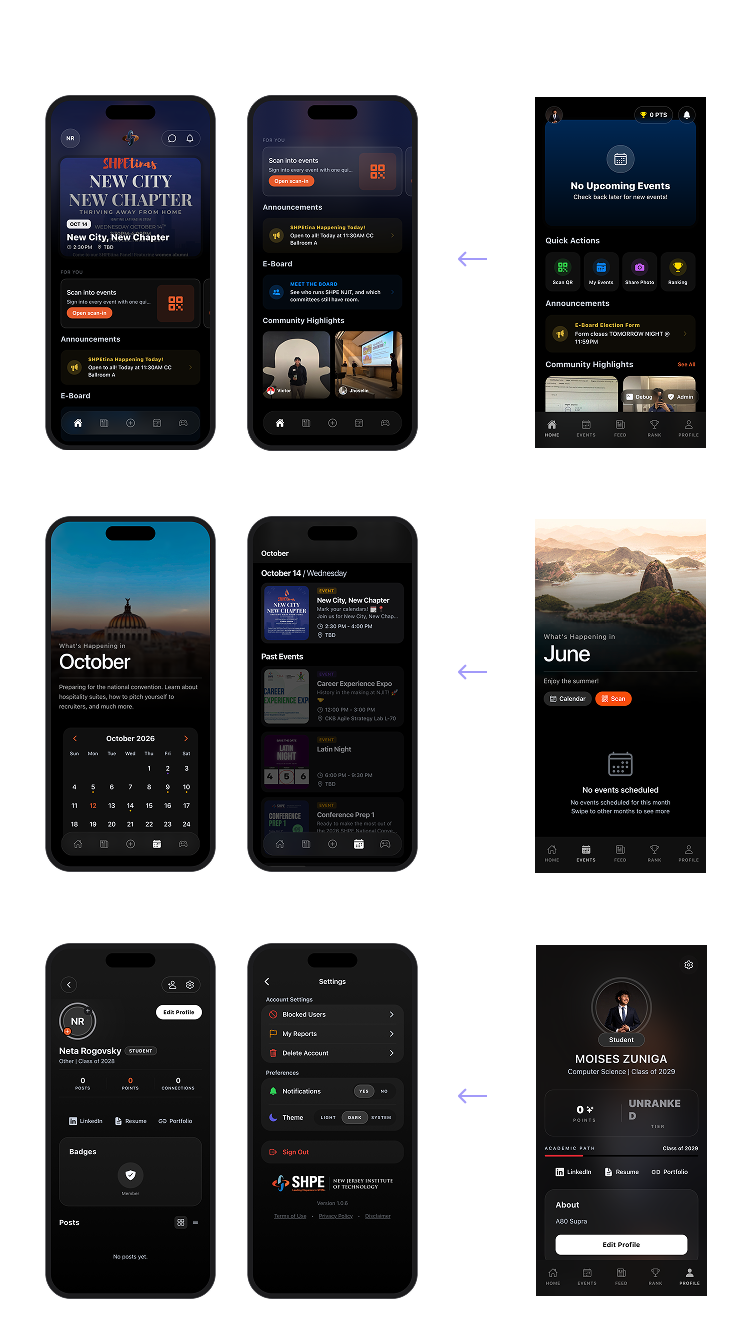 Redesigned and original SHPE Home screens, with comparison arrows